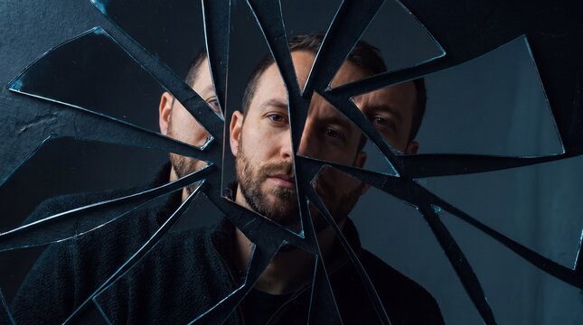 Fractured Reflection of Man in Broken Mirror Shards