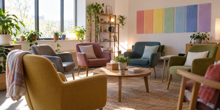 An empty inclusive community support room with subtle rainbow colors but no symbols or text, mental health and emotional wellbeing concept