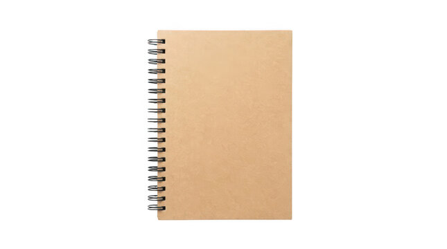 Blank brown kraft paper spiral notebook with black wire binding isolated on transparent background