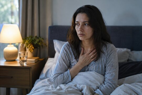 One adult sitting upright in bed after a nighttime panic episode, bedside lamp and glass of water nearby, mental health concept