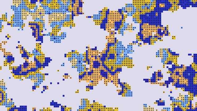 Abstract digital pattern with blue and yellow circular dot clusters on light background as PNG asset
