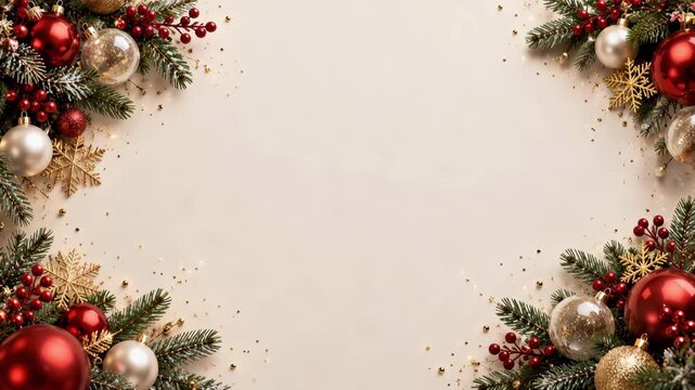 Elegant Christmas background with glowing golden lights, red and gold ornaments, pine branches and festive decorations with copy space