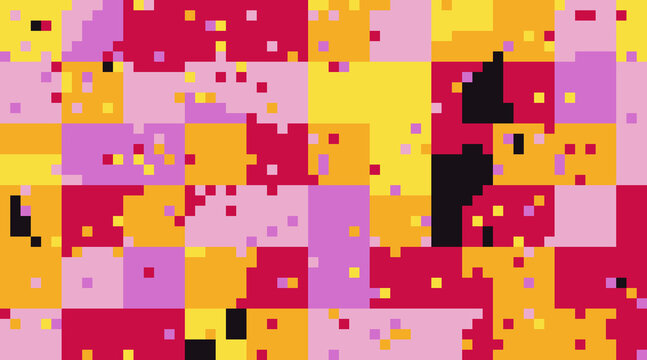 Colorful abstract square grid pattern with yellow and pink pixel blocks isolated as PNG