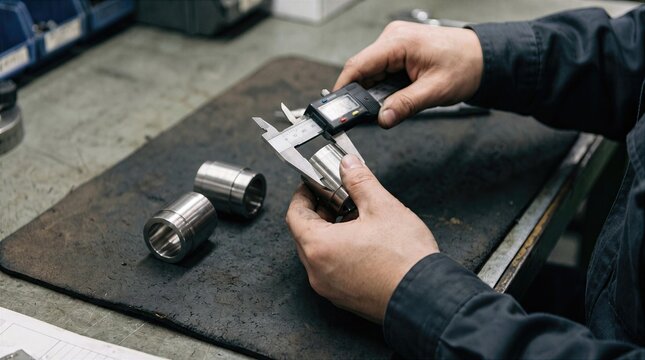 Worker checking machined part using digital caliper