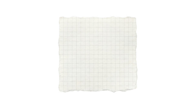 Torn piece of blank graph paper note with ripped rough edges, vintage squared notebook sheet for memo, math sketch or scrapbooking mockup, isolated on transparent background