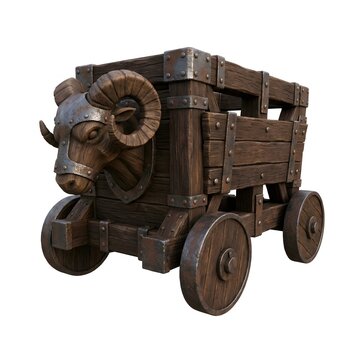 Ancient wooden battering ram siege weapon with detailed ram head design on wheels.