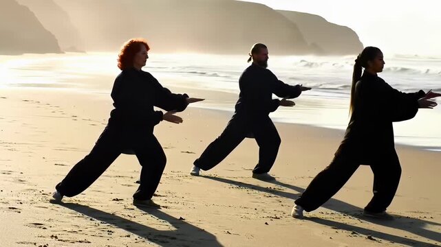 Group Practicing Tai Chi on a Beach at Sunset