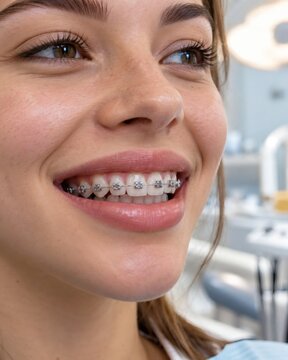 Smiling Woman with Metal Braces During Orthodontic Treatment in Dental Clinic