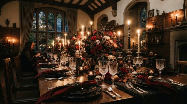 Elegant gothic dining table set for a dark romantic dinner in a historic wood paneled manor hall