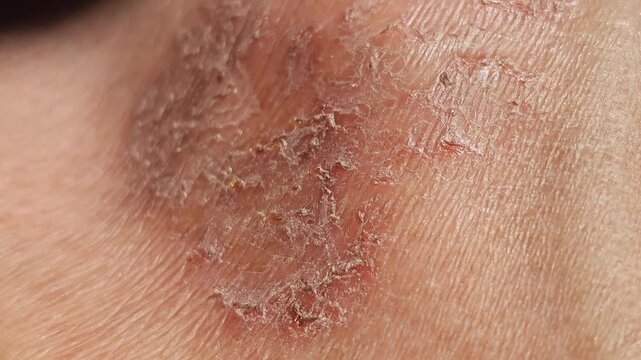 Extreme close-up of severely dry, cracked, and flaky human skin, showing a rough texture with dead skin cells and peeling epidermis, highlighting dermatological conditions like eczema or calluses