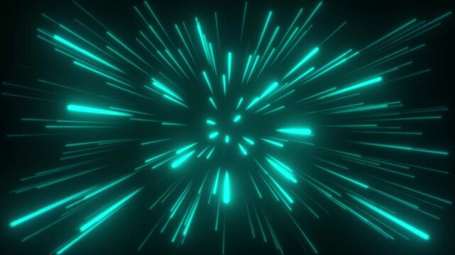Futuristic cyan hyper drive effect bursting from center on black background in dynamic space travel motion design concept video.