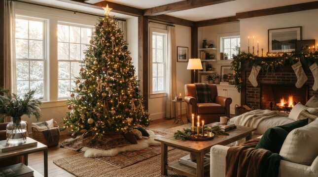 Cozy living room interior with a decorated Christmas tree and a warm fireplace in the evening