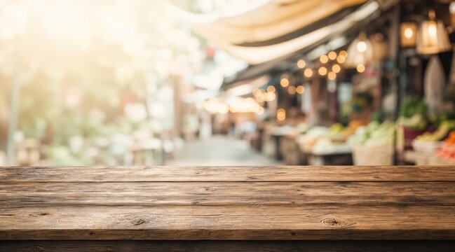 Rustic wooden table surface with market stall blur backdrop