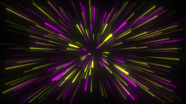 Abstract neon hyper speed warp background featuring purple and yellow light streaks moving towards viewer in futuristic motion loop.