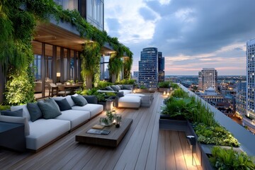 Fototapeta premium Modern Rooftop Terrace Lounge at Dusk with City View
