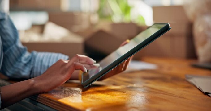 Typing, hands and tablet in small business for logistics, monitor live shipping or online invoice. Ecommerce, woman and digital in startup for stock procurement, track route or delivery status update