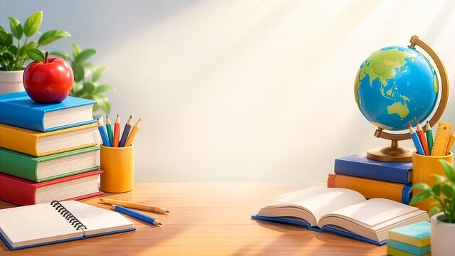 Colorful pencils and books on a bright study desk