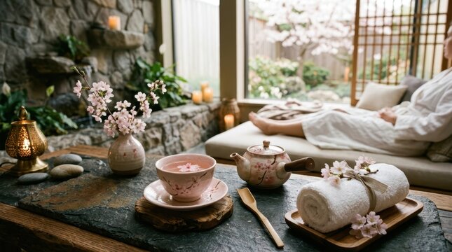 Serene spa retreat with cherry blossom tea set and relaxing atmosphere in a luxury wellness room