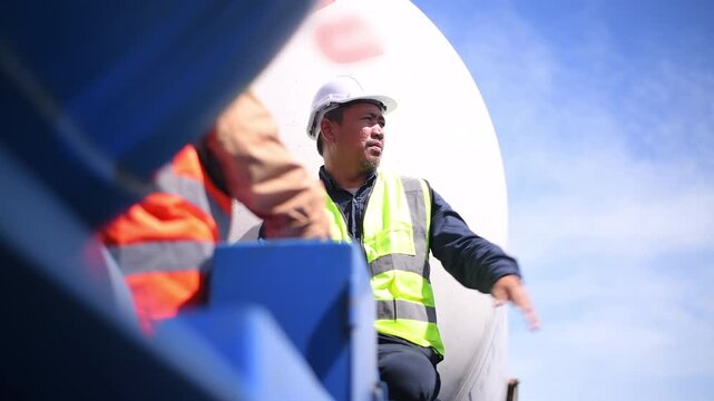 Engineer under inspection and checking construction process railway switch and checking work on railroad station .Engineer wearing safety uniform and safety helmet in work.	