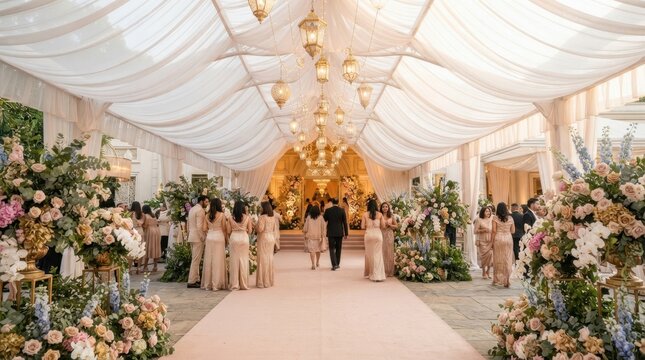 Elegant outdoor wedding reception venue with draped fabric ceiling and hanging gold lanterns