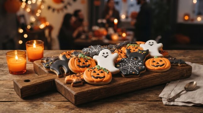Festive Halloween cookies shaped like pumpkins and ghosts on a rustic wooden serving board