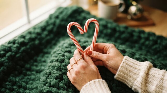 Hands holding candy canes in a heart shape over a cozy green knitted blanket for holidays