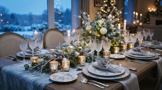 Elegant Christmas dining table setting with festive winter decor and glowing candle lighting