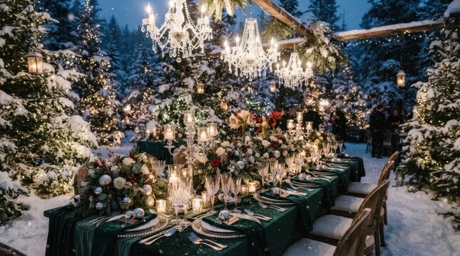 Elegant outdoor winter wedding dinner table set in a snowy forest with crystal chandeliers