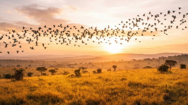 Large flock of birds flying over the African savanna during a golden sunset landscape view