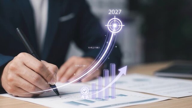 Corporate executive signing document with pen as glowing trajectory curves and rising bar chart shift colors toward year 2027 bullseye target.