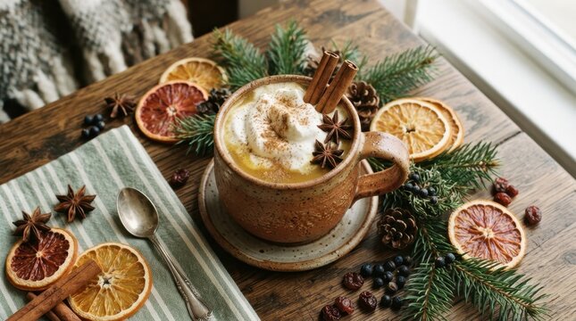 Cozy winter mug of hot spiced latte with whipped cream and cinnamon sticks on a wooden table
