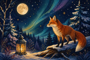 Fototapeta premium Fox beneath moonlit aurora in a snowy winter forest