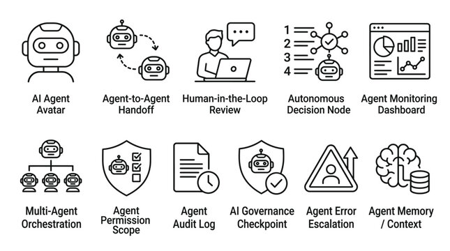 Set of black line icons representing various technology and business services including artificial intelligence, data security, cloud computing, network management and remote control solutions