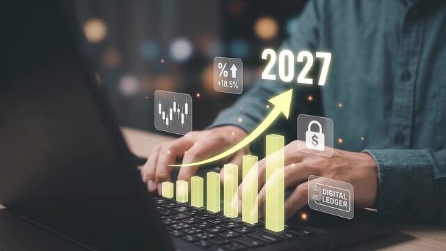 Analyst typing on laptop with holographic financial bar chart shifting through purple, gold, and green toward 2027 digital ledger target.