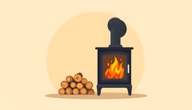 A cozy farmhouse-style graphic poster. A clean and simple flat vector illustration of a small black cast-iron wood-burning stove