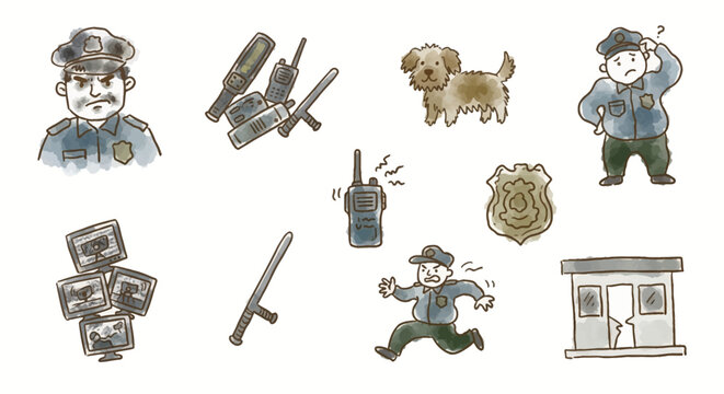 Hand drawn watercolor style police officer and security equipment icon set including badge radio dog and baton illustrations