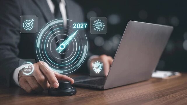 Executive hand adjusting rotary physical dial knob to accelerate glowing speedometer needle toward 2027 milestone target for revenue growth.