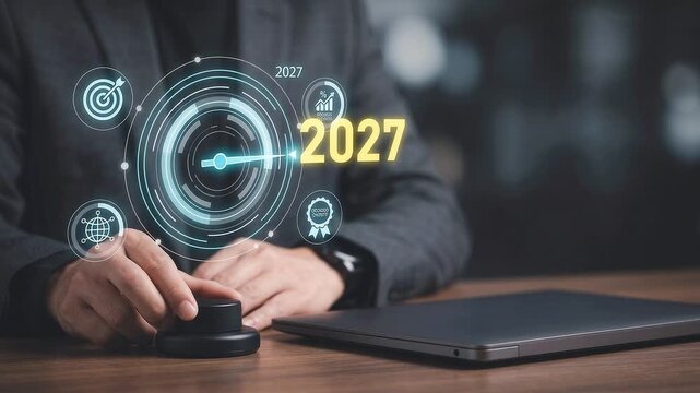 Executive adjusting rotary control knob to accelerate futuristic glowing gauge meter pointer directly to year 2027 corporate milestone target.