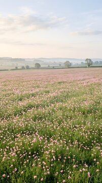 Expansive Pink Clover and Wildflower Field Under a Soft Overcast Sky