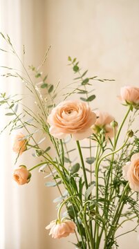 Elegant Vase of Soft Peach and Pink Ranunculus Flowers in Bright Indoor Light