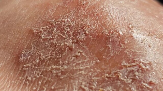 Extreme close-up of very dry flaky human skin showing severe cracking peeling and rough texture indicating dehydration eczema or dermatitis condition