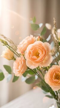 Elegant Arrangement of Soft Peach and Pink Roses in Bright Indoor Light