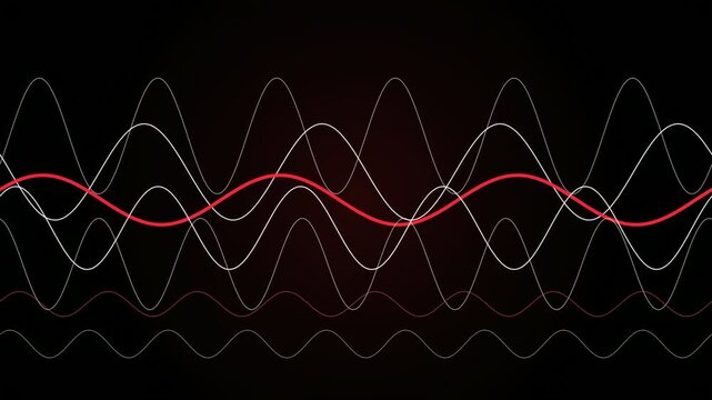 Abstract digital sound waves and audio frequency oscillations on a dark black background