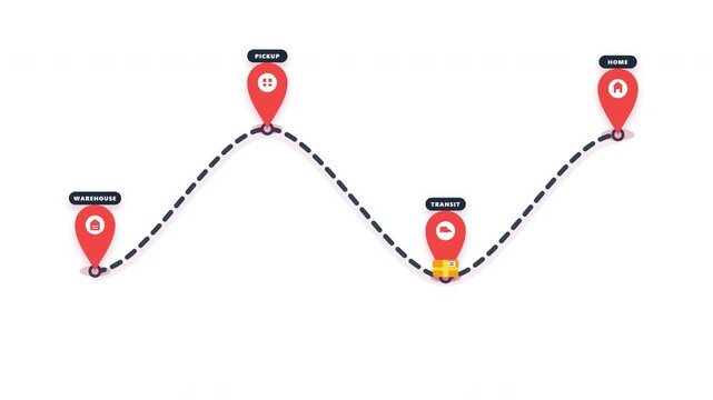 Yellow delivery truck follows map route pins on white background
