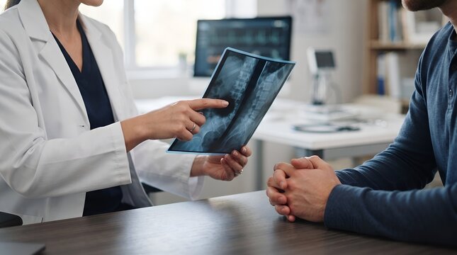 Doctor reviewing spine X-ray with male patient during orthopedic back pain consultation in clinic