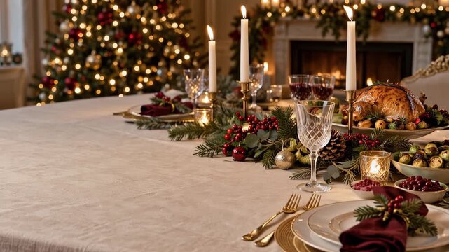Elegant Christmas dinner table decorated with candles, red and gold ornaments, evergreen branches and festive place settings in a warm holiday interior