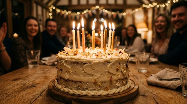 Birthday cake with lit candles on a wooden table, surrounded by blurred happy people celebrating.