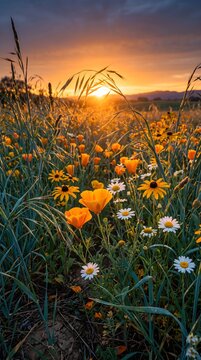 Golden Sunset Shining Over a Wildflower Meadow with Warm Sunbeams