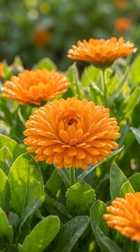 Vibrant Bright Orange Calendula Marigold Flowers Blooming in a Garden