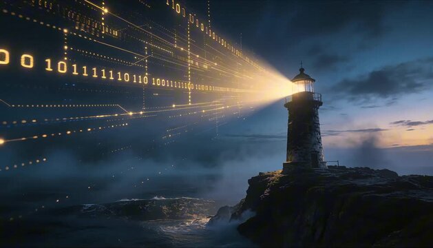 dark coastal lighthouse projecting golden binary code at twilight